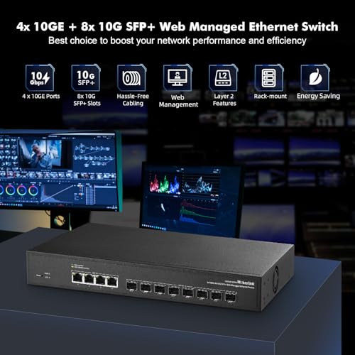 Image of MokerLink 12 Port 10Gbps Managed Switch, 4x10G RJ45 Ethernet Ports, 8x10G SFP+ Slot Support 1G and 10G SFP+ Module, 240Gbps Bandwidth L2 Managed Fiber Switch
