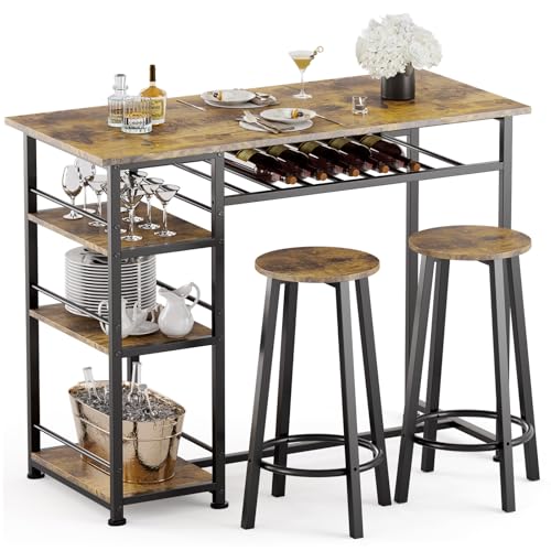 COMHOMA Dining Table Set for 2, Counter Height Kitchen Table and Chairs with Storage Shelves & Wine Rack, Bar Table Set with 2 Bar Stools, 3 Piece Dining Room Table Set for Small Space, Retro Brown