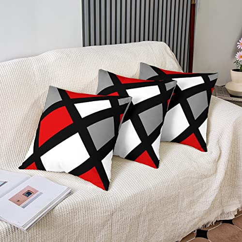 Loussiesd Set of 2 Throw Pillow Covers Geometric Strip Lines Cushion Case for Home Living Room Decor Reversible Modern Abstract Art Plaid Black White Grey Red Decorative Throw Cushion Case 18x18 Inch - Image 4