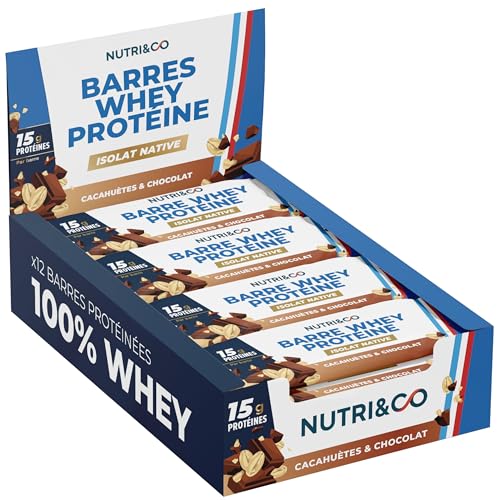 NUTRI & CO Barres Protéinées Whey Isolat Native - 15g de Protéines - Musculation & Récupération - 100% Clean sans protéines végétales ni Huile de Palme – Lot de 12 Barres Cacahuètes & Chocolat