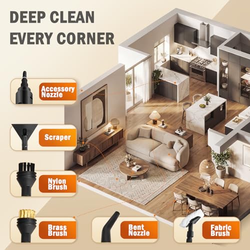 Image of Steam Cleaner for Home, 1.69QT Visible Tank Portable Steamer with 15 Accessories, Chemical-Free 3-Level Touch Control Cleaning for Grout, Tile, Car Detailing