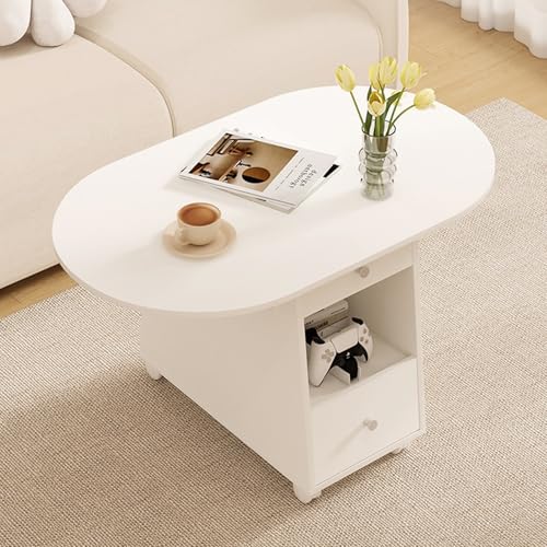 KUNRUI Mesa de Centro Plegable Elevable, Mesa Mariposa Extensible con Cajones y Ruedas Silenciosas, Diseño de Borde Redondo, Mesa de Cocina de Madera de Hoja Abatible Que Ahorra Espacio