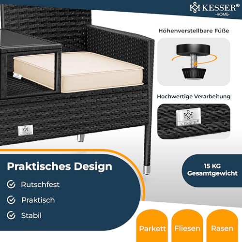 KESSER® Polyrattan Gartenbank mit Tisch, 2 Sitzer, 143x63x88cm Gartenbank wetterfest, Sitzbank Outdoor, Balkonbank mit Ablage, Gartenmöbel Rattan Bank für Garten & Balkon + Kissen & Cover, Schwarz 5