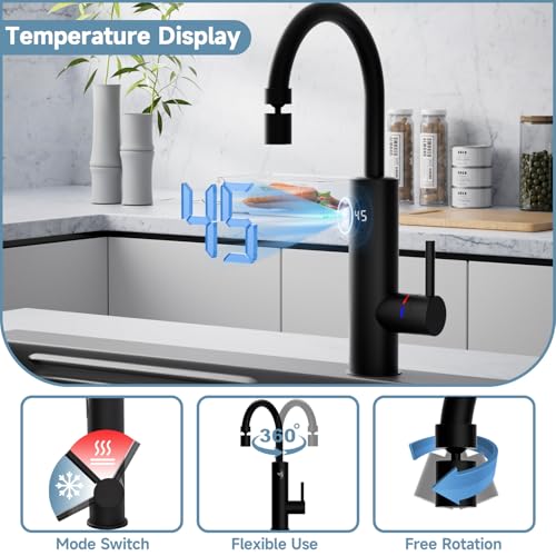 OihPaw Wasserhahn mit Durchlauferhitzer,Ausgestattet mit 2 Wasserflussmodi wasserhahn mit durchlauferhitzer,Mit LED-Temperaturanzeige,360°-Drehung elektrischer wasserhahn,Schwarzer