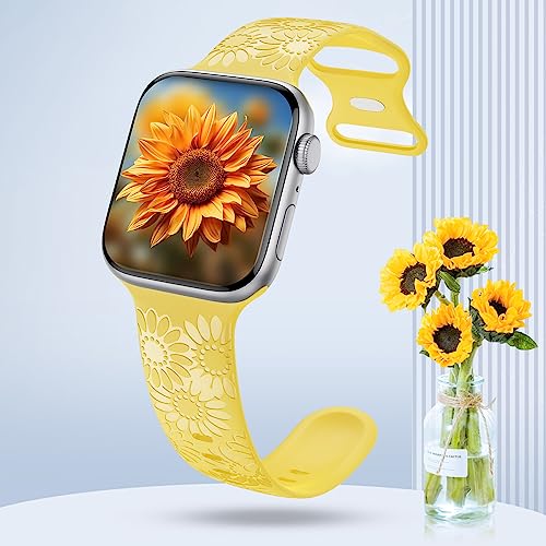 Image of Sunflower Engraved Band Compatible with Apple Watch Bands 38mm 40mm 41mm 42mm 44mm 45mm 49mm Women, Designer Soft Glossy Floral Silicone Strap for iWatch Series Ultra 11 10 9 8 7 6 SE 5 4 3 2 1