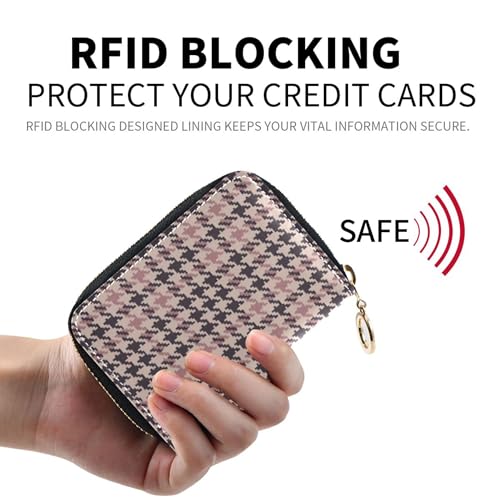 GAIGEO RFID Blocking Credit Card Holder Womens Wallets Leather Zip Around Zipper Change Purse with Key Ring Vintage Houndstooth Rose Brown2