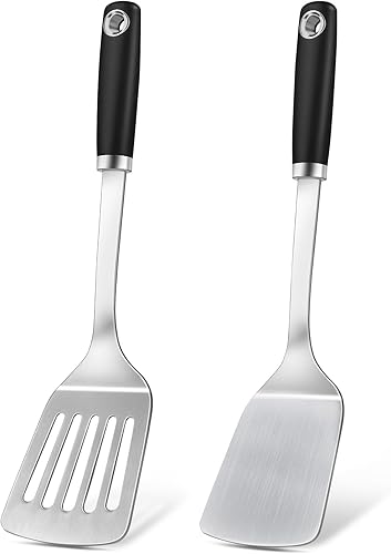 Juego de 2 espátulas de silicona de acero inoxidable, espátula de metal sólido y ranurado, espátula resistente para uso en cocina, utensilios de
