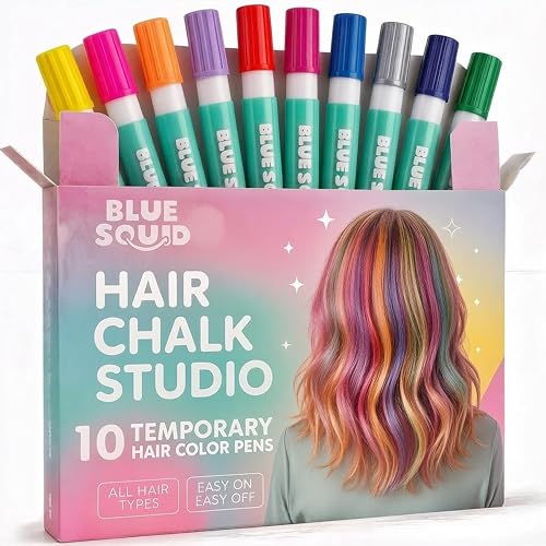 Blue Squid Hair Chalk for Girls Pens – 10 Vibrant Temporary Hair Color for Kids - Ideal Christmas,...