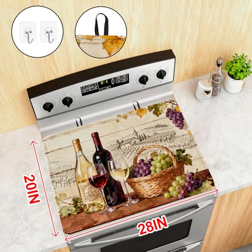 Image of Red Wine Glass Grapes Stove Top Cover for Electric Stove, Vintage Wine Bottle Covers for Electric Stove, Rubber Dish Drying Mat, Glass Cooktop Covers, Flat RV Range top Mats, 28 inchx20 inch