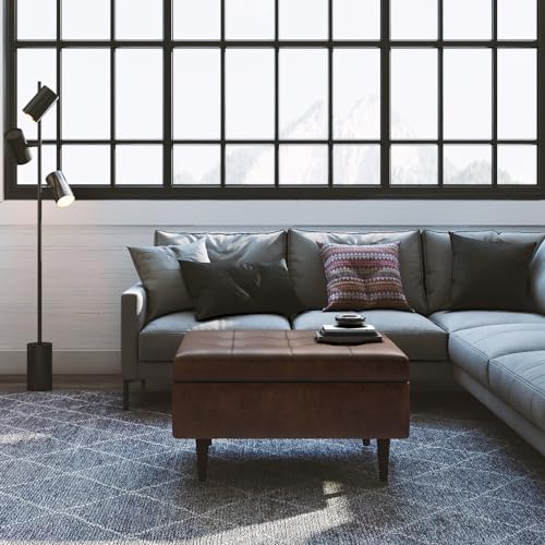 SIMPLIHOME Shay Wide Mid Century Modern Small Rectangle Coffee Table Storage Ottoman Vegan Faux Leather, Assembled, for The Living Room, 34 inch, Distressed Chestnut Brown