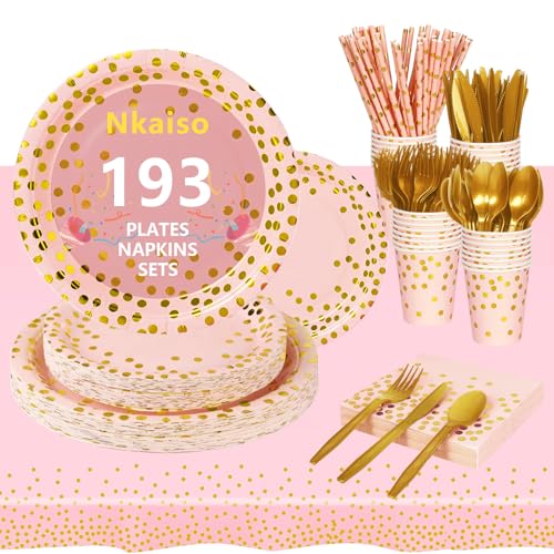 Nkaiso 193 Pcs Pink Gold Paper Plates and Napkins Set for 24 Guests