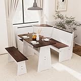 Comiling Kitchen Breakfast Nook Table Set - Solid Wood Corner Bench Dining Set for 4-6 People, L Shaped Bench for Dinner Room, Space Saving Kitchen Booth Seating with Table, White+Brown, Updated