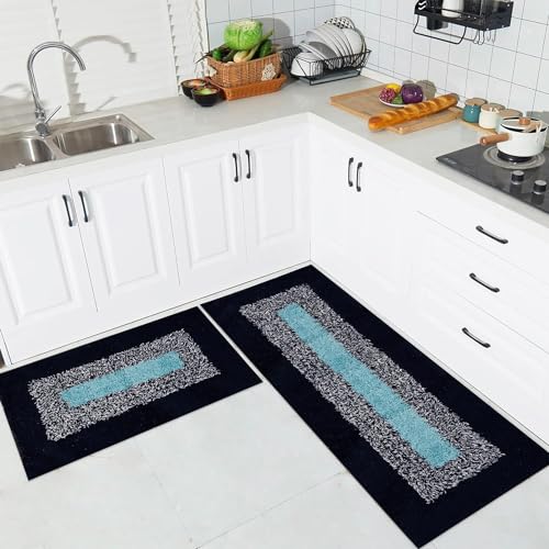 Image of Kitchen Floor Mat Runner Set, Cotton Border Door Mat, 2 Piece Set, Blue, Rug