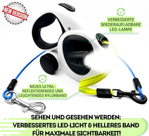 Snuggle Paws Ausziehbare Hundeleine 5m – Kompakt & Leicht: LED-Lampe, Integrierter Kotbeutelspender, Anti-Kau-Stahlseil, Reflektierendes Nylonband | Rollleine für kleine Hunde bis 20 kg