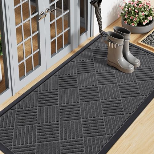 Smiry Front Door Mat Outside Entrance, Heavy Duty Outdoor Indoor Natural Rubber Doormat, Non Slip, Trap Dirt and Moisture, Easy Clean, Low Profile Patio Porch Entryway Mat, 47x23, Light Grey