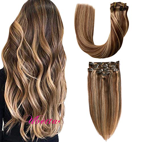 Ubetta Hair Extensions Clip in Human Hair Brown to Blonde Highlights Remy Balayage Hair Extensions Double Weft 8 pcs Clip in Human Hair Extensions 120G Fine Hair 16 Inch for Women