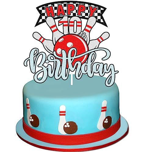 Caiwowo Bowling Happy 10th Birthday Cake Topper - Sports Bowling 10th Birthday Party Glitter Cake Topper For Boys - Game Day Party Bowling Alley Decoration