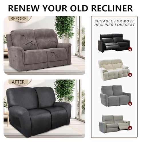 Image of ANARACHON Loveseat Recliner Cover Leather Look Recliner Loveseat Covers Recliner Sofa Cover for 2 Seater Reclining Couch Spandex Fabric Washable 6 Pieces (2 Seater, 01 Dark Gray)