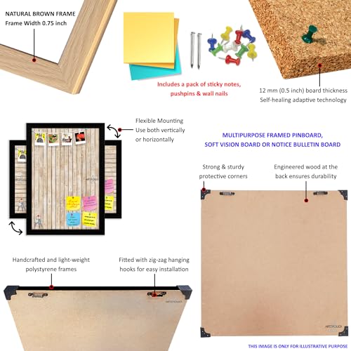 Image of ArtzFolio Cork Board | Bulletin Board Notice Pin Board | Vision Soft Board Combo with Thumb Push Pins & Sticky Notes | Natural Brown Frame | 36 x 24 inch (91 x 61 cms)