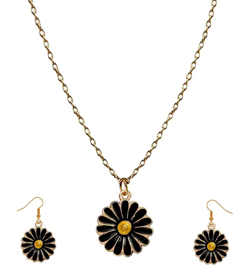 ANNACREATIONSGolden Chain Plated Black Daisy Pendant Necklace With Earrings for Women and Girls