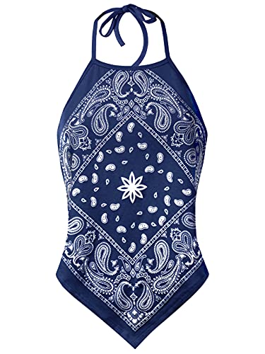 Design by Olivia Women's Sexy Paisley Bandana Halter Top - Y2K Boho Backless Self-Tie Summer Crop Top Shirt Navy L