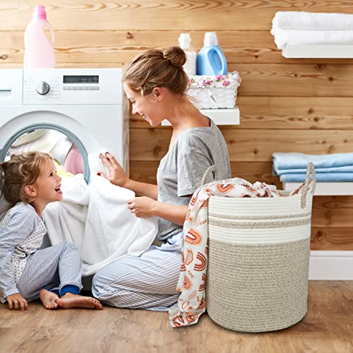 Image of XUANGUO Cotton Rope Laundry Basket Hamper for Clothes Large Brown and White | Baby Nursery Hamper Bin and Woven Storage Basket for Living Room Bedroom Boho Tall Rope Baskets Blankets Toys Pillows Towels
