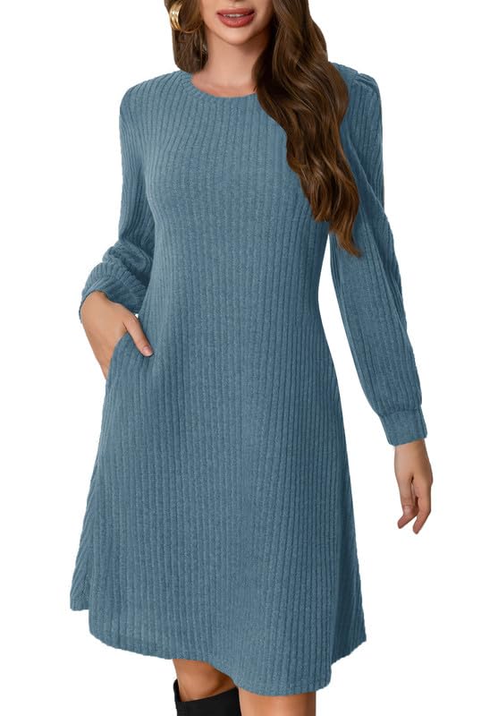 Ritiriko Langarmpullover Kleid Crew Nacken Damen Herbstkleider mit Taschen A-Line-Kleider für Damen Blau M