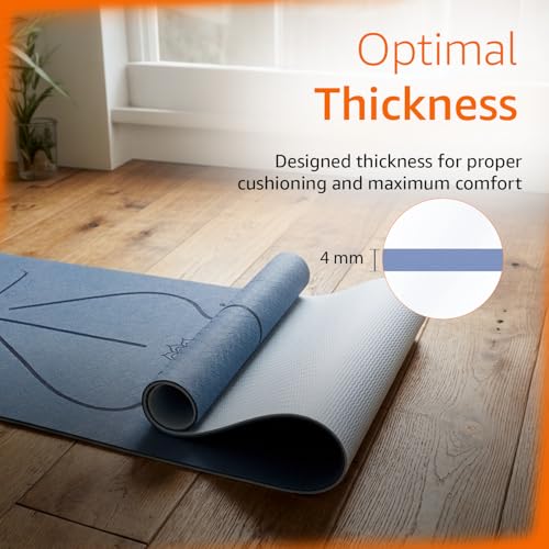 Image of Amazon Basics TPE Yoga & Exercise Mat with Carrying Strap | 4 mm Thick | Non-Slip Grippy Surface | Lightweight Eco-Friendly Rubber-Like Material | Floor Protection | Ideal for Yoga, Pilates, Stretching & Fitness | 183 x 61 cm | Dark Blue & Light Blue