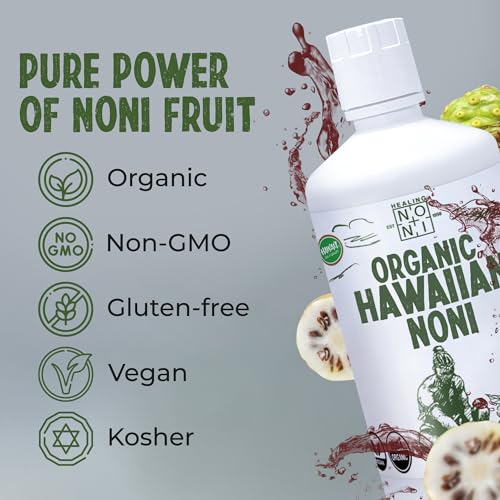 healing noni - 1-pack plastic bottle 32oz - 100 pure hawaiian organic noni juice - all-natural unsweetened fresh fruit - farm direct