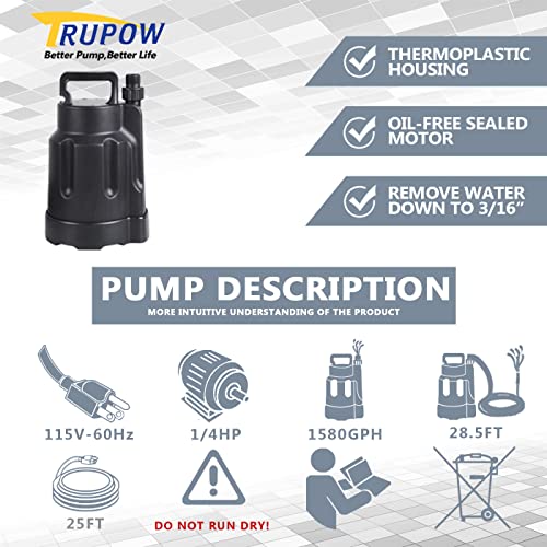 Image of Trupow 1 /4 HP 1850GPH Electric Submersible Utility Water Pump Pond Home Garden Swimming Pool Pump for Clean Water