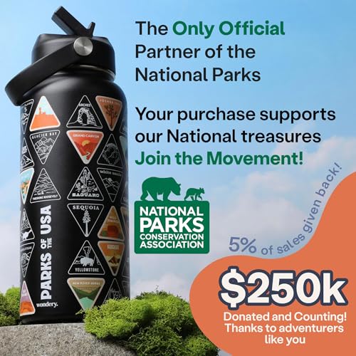 Image of Wondery USA National Parks Water Bottle With 63 Waterproof Stickers of Parks (USA), 32 oz Stainless Steel Water Bottle for Traveling, Hiking, Camping, National Park Gifts - BLACK