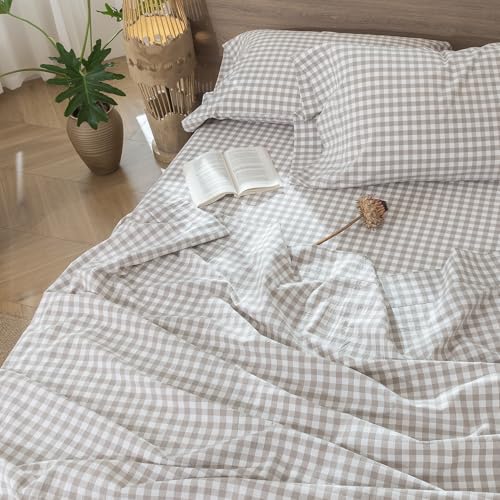 Image of MooMee Gingham Sheet Set 100% Washed Cotton Linen Like Textured Breathable Soft w /Fully Elasticized 16-19 inch Deep Pocket (Classic Gingham Tannish Linen Grey, Queen)