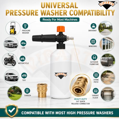 Image of Brass 1 Liter Bottle Professional Adjustable Snow Foam Lance /Cannon With 1 /4 inch Quick Release Connector | For High Pressure Washer | 1 Microfiber Cloth | Orange