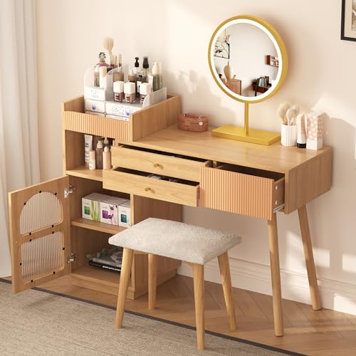 luckdect Coiffeuse avec Miroir,Luminosité Réglable,Dressing Table de Maquillage,Grand,Étagère de Rangement,3 Tiroirs,2 Compartiments Ouverts,Coin Beauté,3 Couleurs(sans Tabouret)