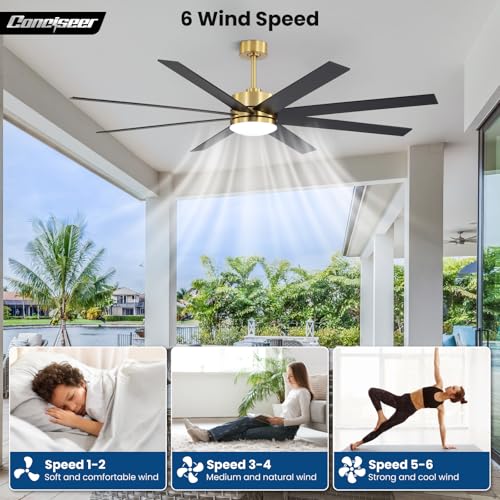 Image of 72 Inch Ceiling Fans with Lights and Remote, Dual Color 8 Blades, Living Room Office Library Cafe Indoor Outdoor Industrial, 3CCT Dimmable, 6 Speed Reversible Quiet DC Motor, Gold /Wood Grain