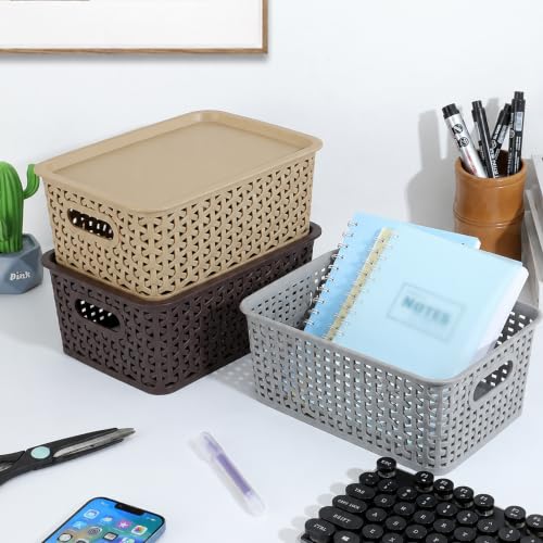 Image of JD Fresh Pack of 3 Premium Plastic Storage Basket with Lid /Smooth Handle Design&Stackable Storage Organizer /Durable Kitchen Storage Basket for Clothes, Vegetables, Fruits, Toys, Stationery(Multicolor)