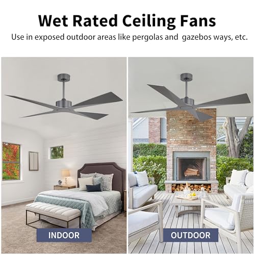 Image of WINGBO 64 inch Wet Rated Outdoor Ceiling Fan without Lights, 4 ABS Plastic Blades, 6-Speed Reversible Quiet DC Motor, Waterproof Ceiling Fan No Lights for Patio Porch Gazebo Garage, Brushed Graphite
