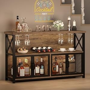 LVB Industrial Coffee Bar Cabinet, Farmhouse Wine Bar Cabinet for Liquor and Glasses, Metal Wood Sideboard Buffet Liquor Cabinet and Wine Rack with Storage for Home Dining Kitchen, Rustic Brown, 47 In