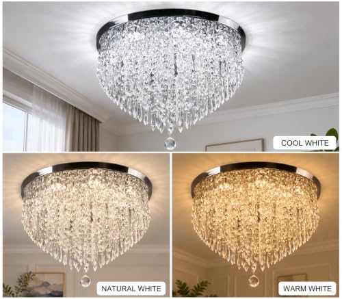 Image of Modern Design Flush Mount Ceiling Light 3 Color Changing Crystal LED Jhumar Light Chandelier for Living Room, Dining, Hall, Bedroom Fixture Pendant Lamp (Steel, 63 Watt, 53cm)