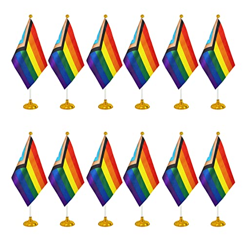 Wxtwk 12 Pack Progress Pride Rainbow Desk Flag Small Mini Gay Lgbt Table Flags With Stand Base,Rainbow Mardi Gras Festival Events Celebration Decorations #TOP13