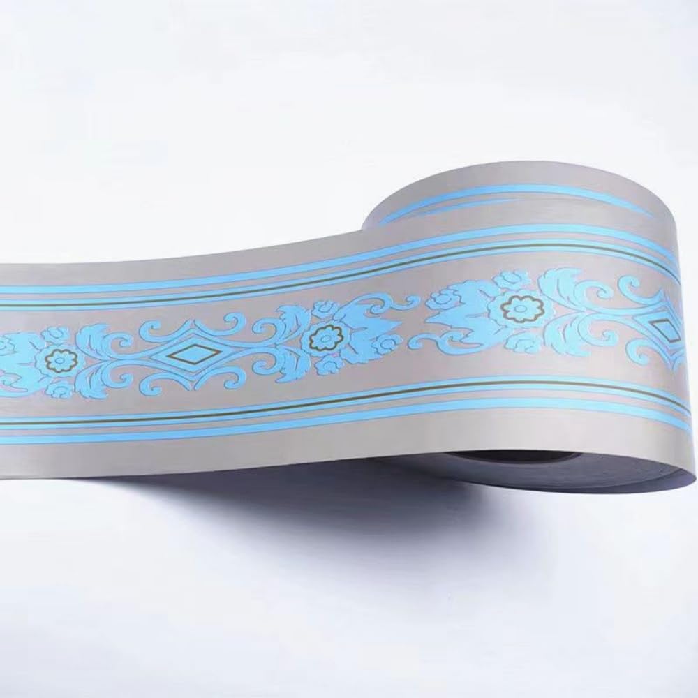 Visitryl Blue Silver European Flower Blue Silver Wallpaper Border Self Adhesive Wall Tiles Decorative, Peel And Stick Wall Border Bathroom Stickers 12Cm X 1000Cm