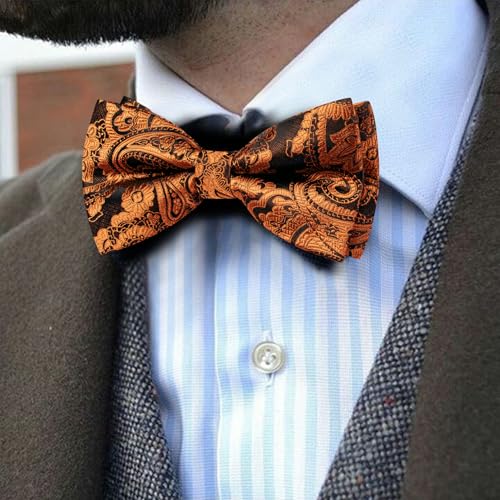 Image of YOHOWA Mens Bow Tie Set Paisley Pre-tied Bowties Adjustable with Handkerchief Cufflinks Gold Ring Set Wedding Prom Party