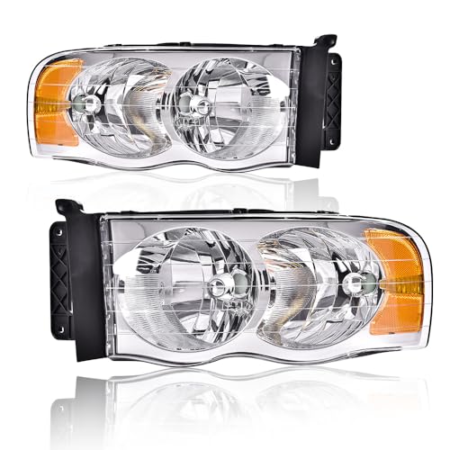 Image of GRAND ORANGE Headlights Assembly Compatible with Dodge Ram 1500 2002-2005, Fit Dodge Ram 2500 3500 2003-2005 Left & Right Headlamps Assembly, Clear Lens Chrome Housing Amber Reflector