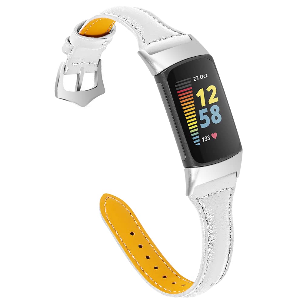 AISPORTS Leather Strap Compatible with Fitbit Charge 6/Charge 5 Strap for Women Men, Soft Slim Breathable Leather Sport Wristband Metal Buckle Bracelet Replacement Strap for Fitbit Charge 6/Charge 5