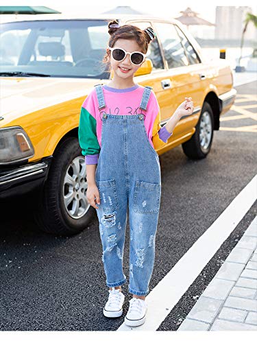 Yao 3-12Years Girls Jumpsuit&Rompers Big Kid Bib Overalls Blue Adjustable Belts Denim Pants(Basic,7-8Y) #TOP1