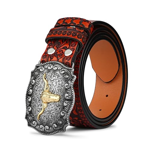 Western Leather Buckle Belts for Men Women- Longhorn Bull Cowboy Cowgirl Leather Belt for Jeans