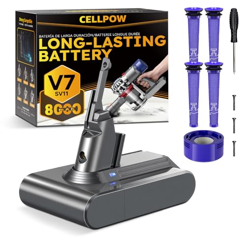 CELLPOW Upgraded 8000mAh V7 Battery Replacement Compatible with Dyson V7 Animal/Trigger/Motorhead/HEPA/Car+Boat/Absolute / SV11 Series Cordless Vacuum Cleaner with 5 Filters (4 Pre + 1 Post)