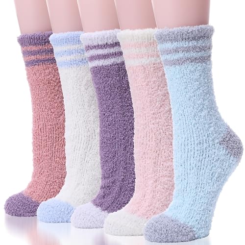 Image of EBMORE Fuzzy Socks for Women, Thick Cozy Warm Fluffy for Winter | Ultra Soft Plush Fleece Lining, Stretch Cuff, Comfy Heel & Toe, for Home & Sleep, Gifts Cabin Slipper Socks, 5 Pairs