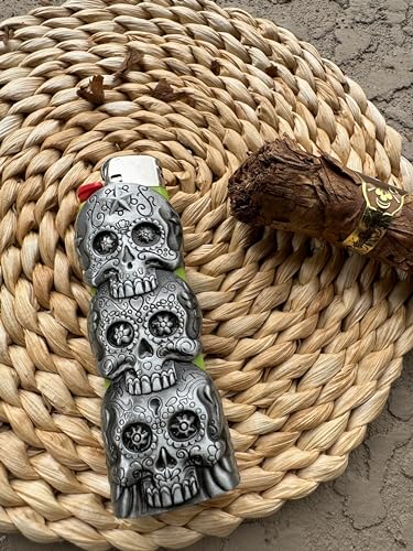 Three Skull Face Skeleton Metal Lighter Case Cover Holder fits BIC Full Standard Size Lighter J6