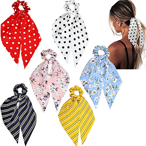 Funlovin Scarf Hair Scrunchies 6Pcs Chiffon Ponytail Scarf Hair Ties Scrunchie Holder Vintage Girls Women Hair Scarves Patterned Knotted Cute Bow Floral Hair Ribbon Scarfs Long Tails Red Black Pink Yellow Blue #TOP8